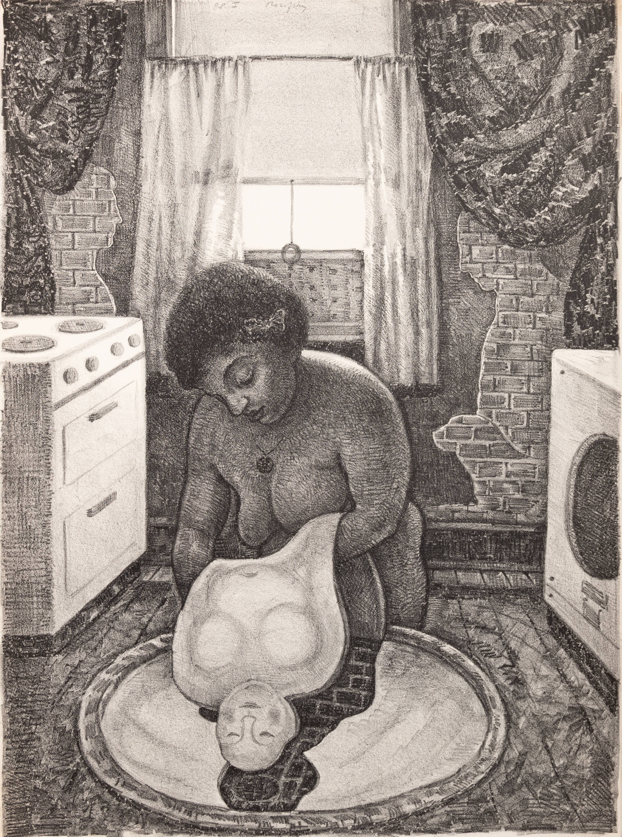 Black and white lithograph of an interior scene of a woman holding a cut out shape of another woman. There is a window, stove, and a washing machine also in the room.